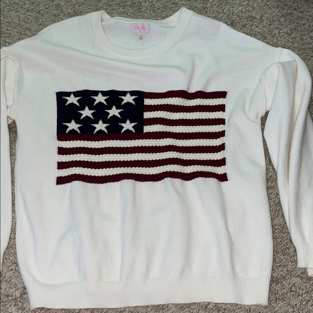 Pink Lily Cream Knit Sweater with American Flag Motif - Picture 2 of 6